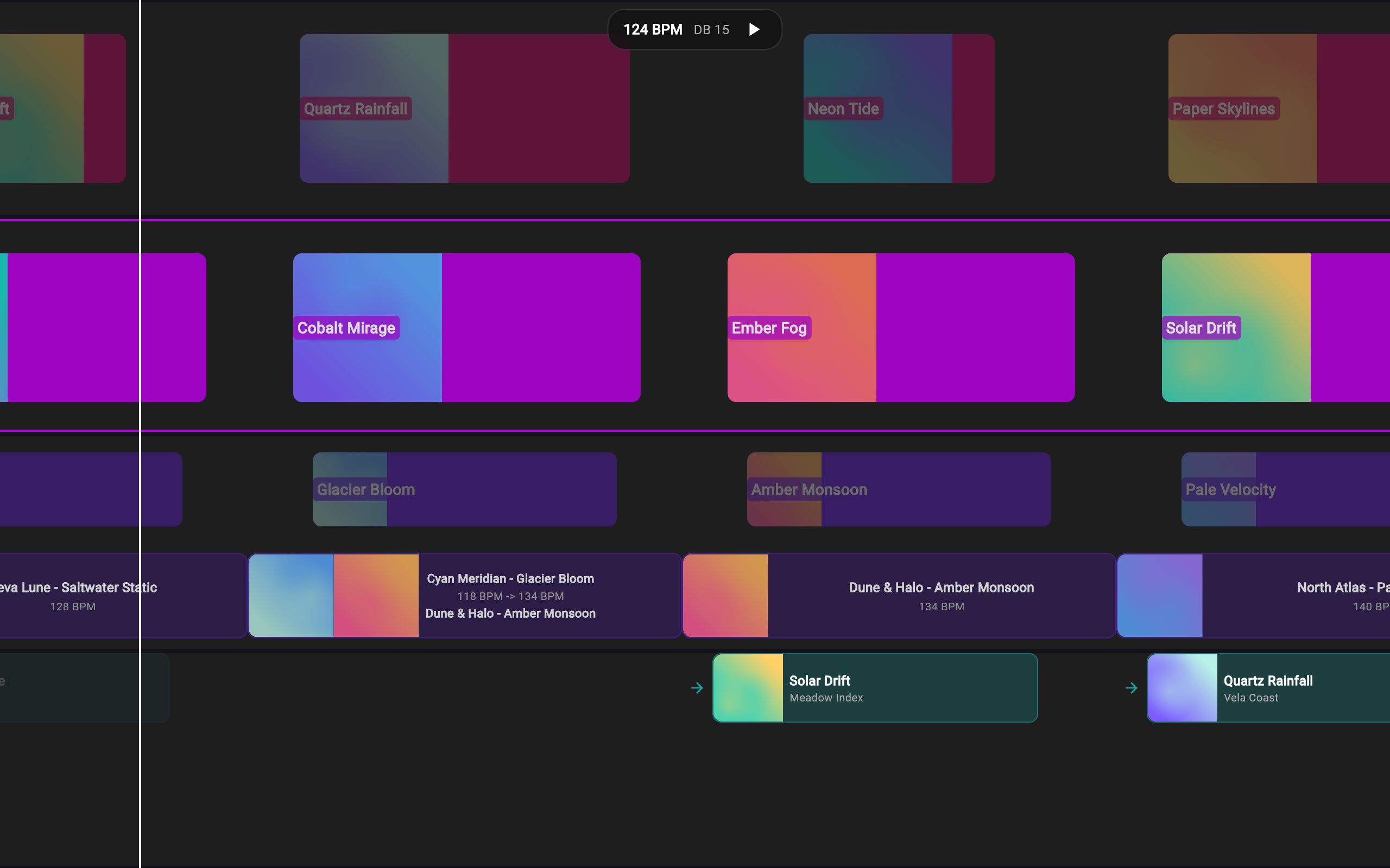 Mix-a-Mash live deck: a multi-lane mashup timeline blending fictional tracks, with a transition and beat readout